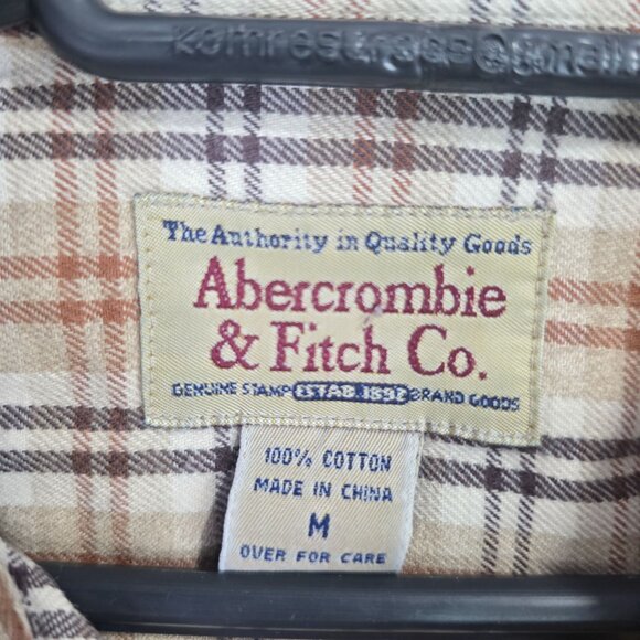 Mens Abercrombie & Fitch Beige Brown Plaid Shirt Button Up Long Sleeve Cotton M - Picture 2 of 7